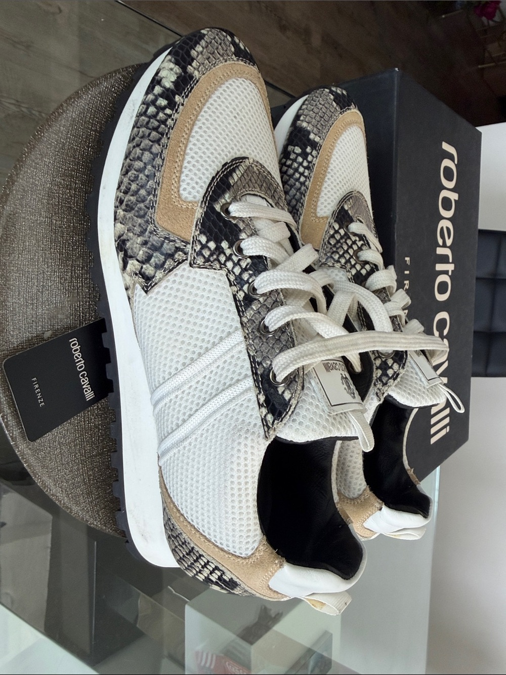 Roberto Cavalli White, Beige & Snakeskin Accent Trainer - Picture 3 of 4